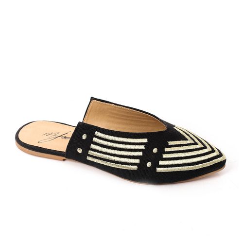Striped Embroidered Slip-On Mules - Black