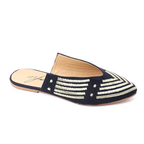 Striped Embroidered Slip-On Mules-Navy