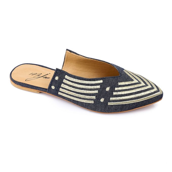 Striped Embroidered Slip-On Mules Blue & Gold