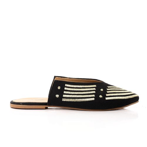 Striped Embroidered Slip-On Mules - Black