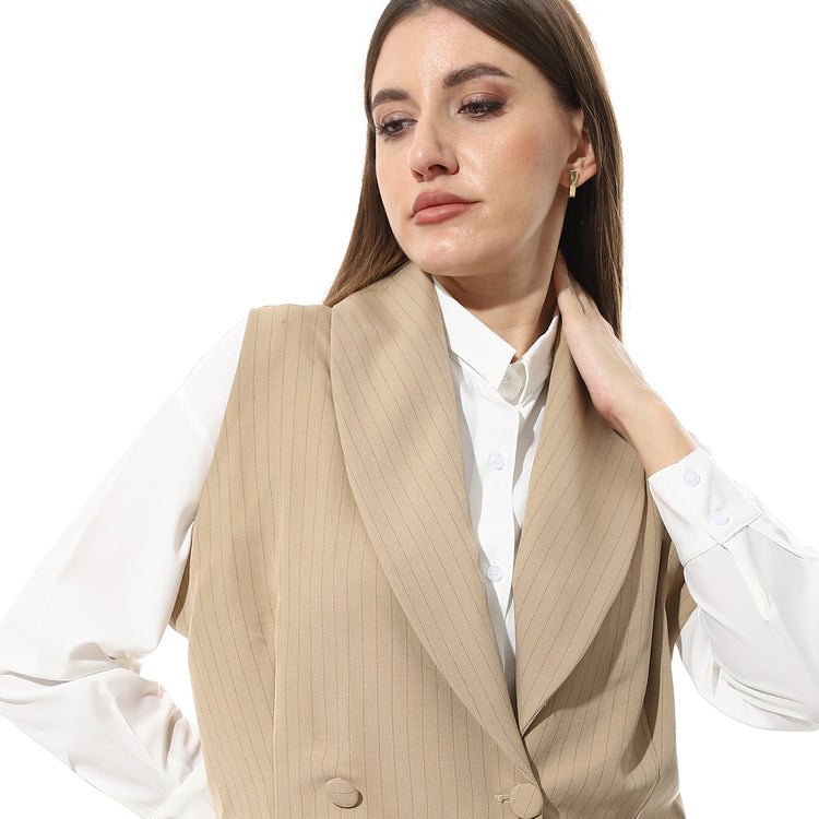 Tailored Long Vest with Pinstripes – Beige