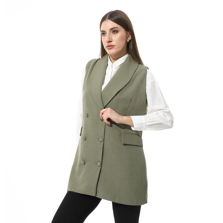 Tailored Long Vest with Pinstripes ƒ?? Olive Green