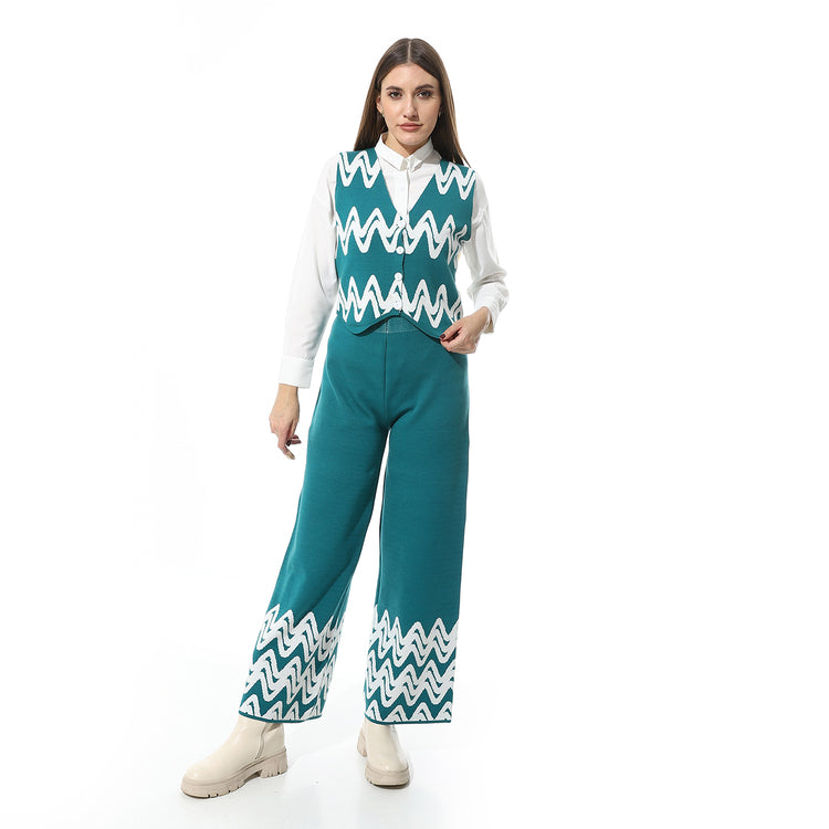 Knitted Zigzag Two-Piece Set – Teal & White