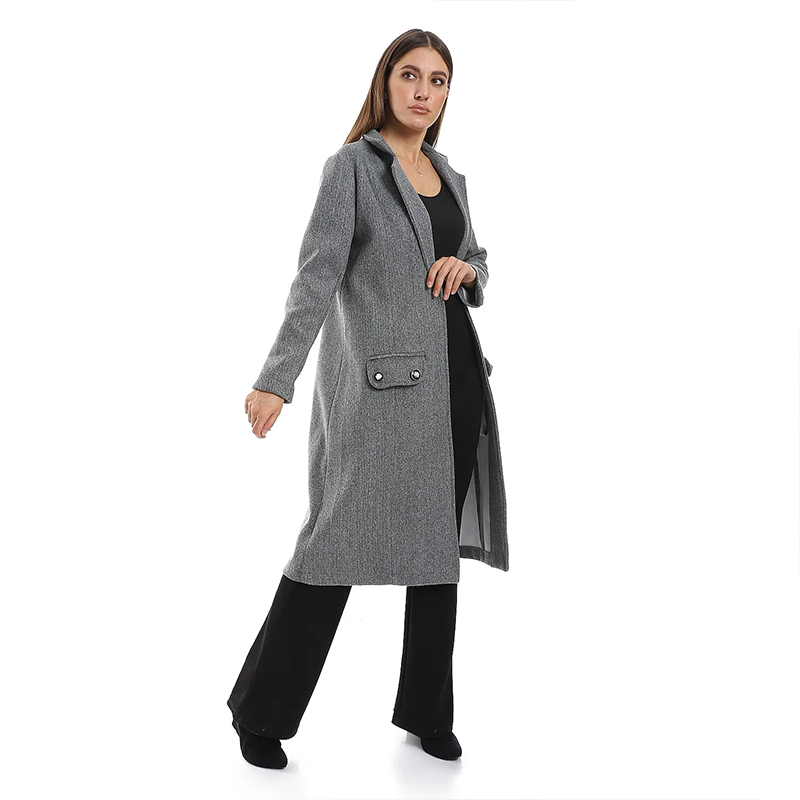 Structured Long Coat with Buttoned Pockets ƒ?? Light Grey