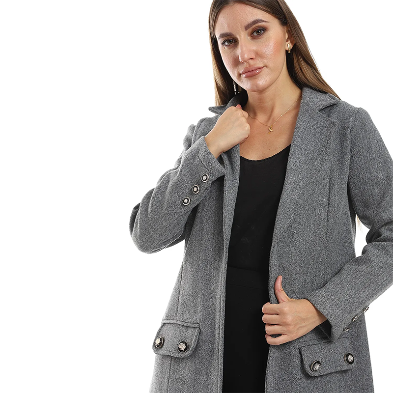 Structured Long Coat with Buttoned Pockets ƒ?? Light Grey