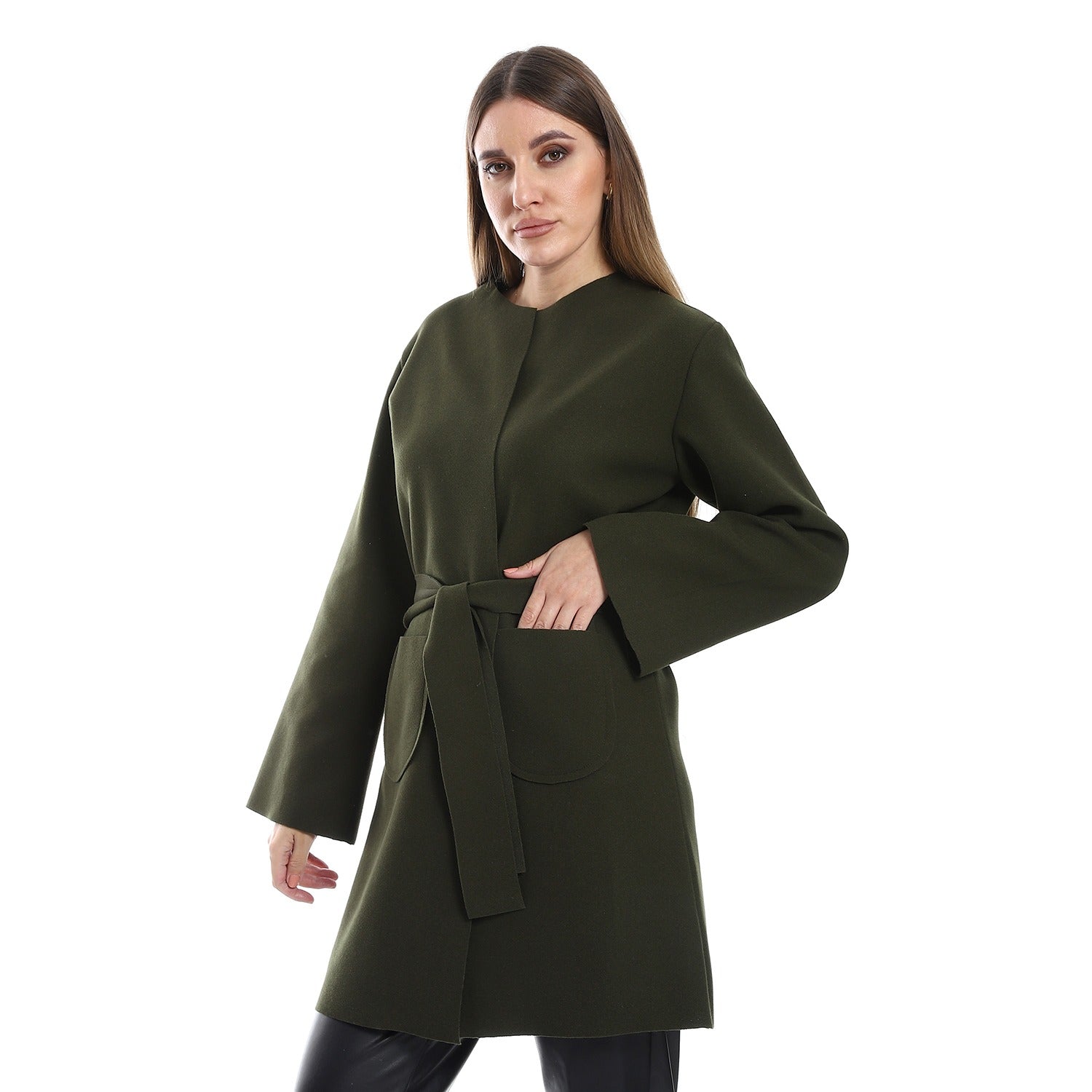 Minimal Belted Coat – Olive Green