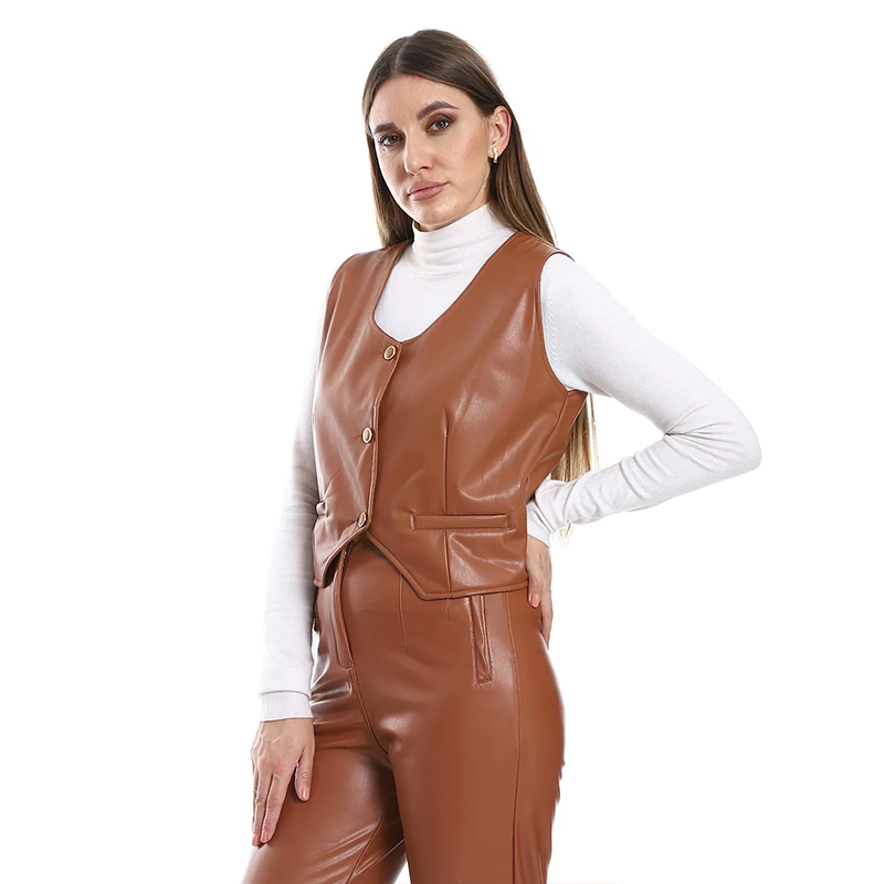 Buttoned Leather Vest ƒ?? Camel Brown
