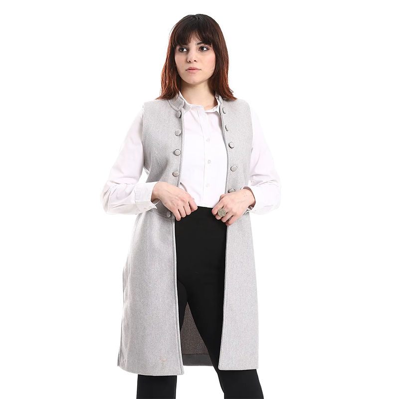 Wool-Blend Longline Vest with Stitched Buttons – Light Grey