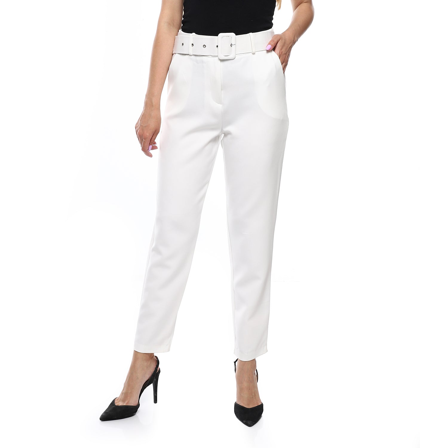 High-Waist Slim Pants with Belt – White