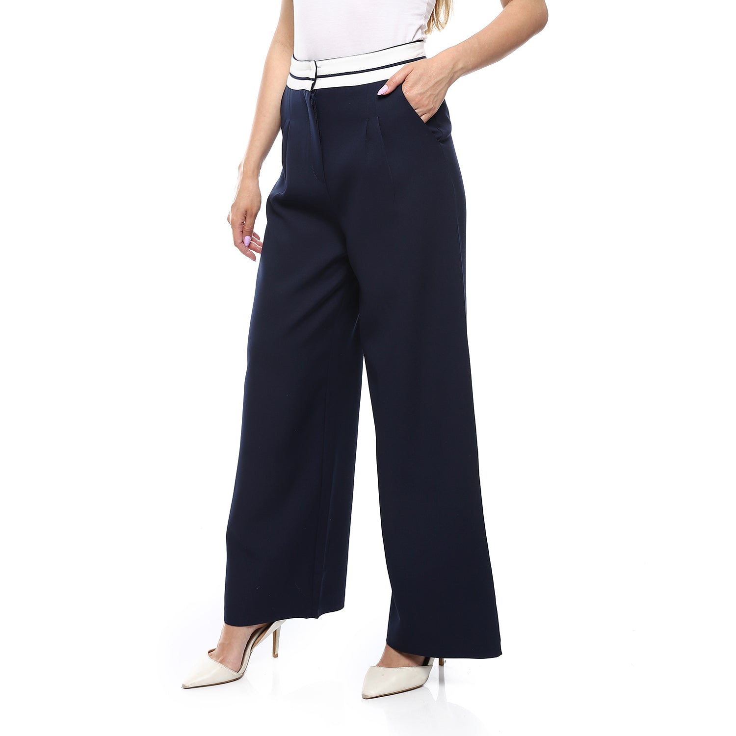 Wide-Leg High-Waist Pants with Trim ƒ?? Navy Blue