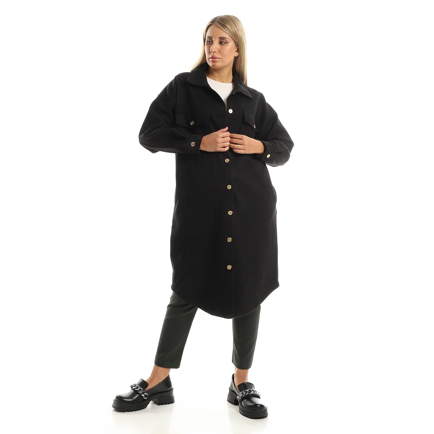 Wool-Blend Winter Shirt Dress - Black