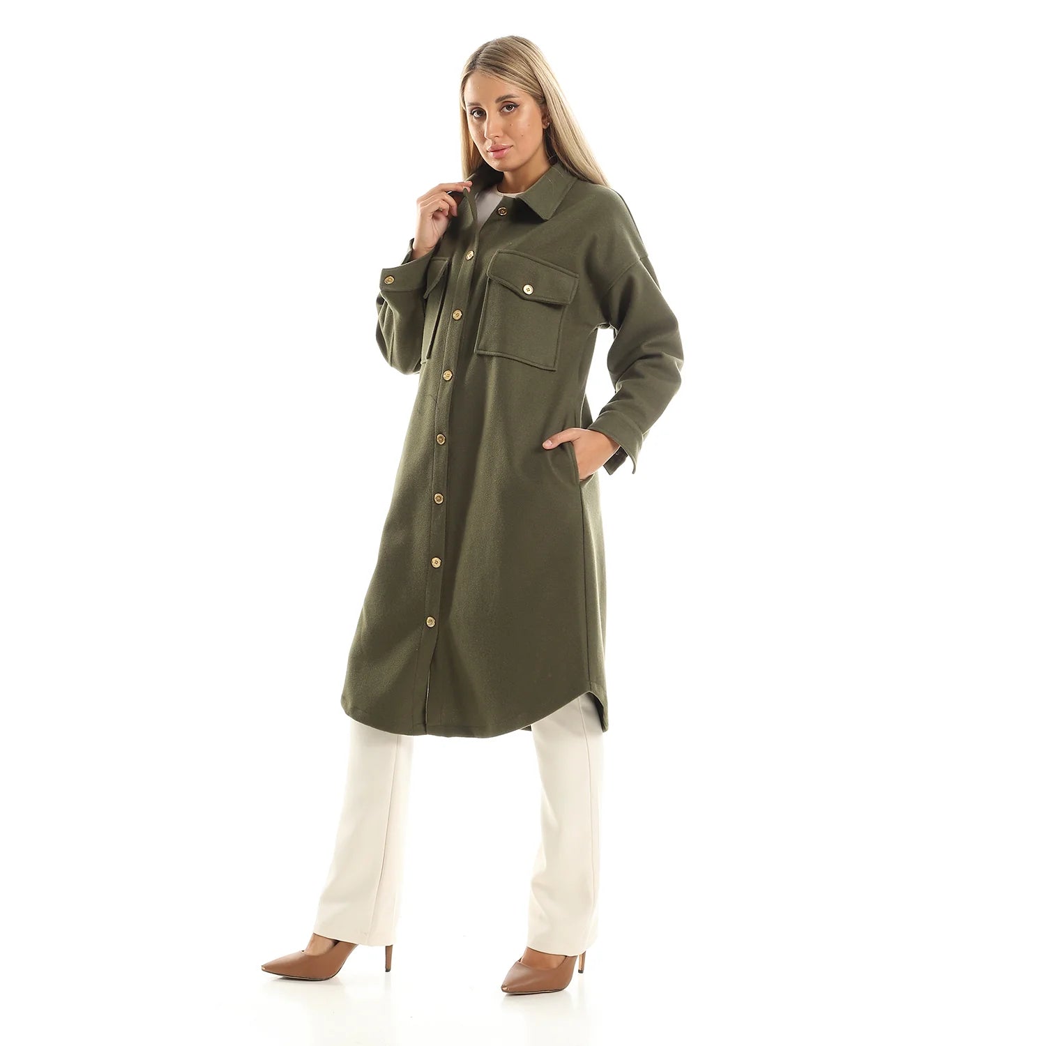 Wool-Blend Winter Shirt Dress - Olive Green