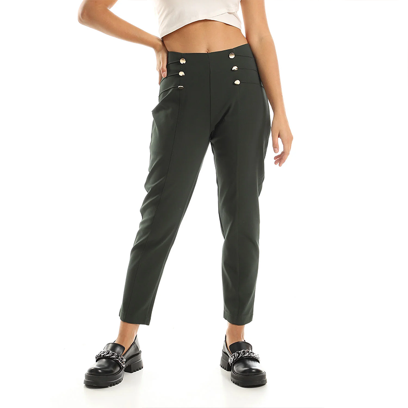 High-Waist Slim Pants - Forest Green