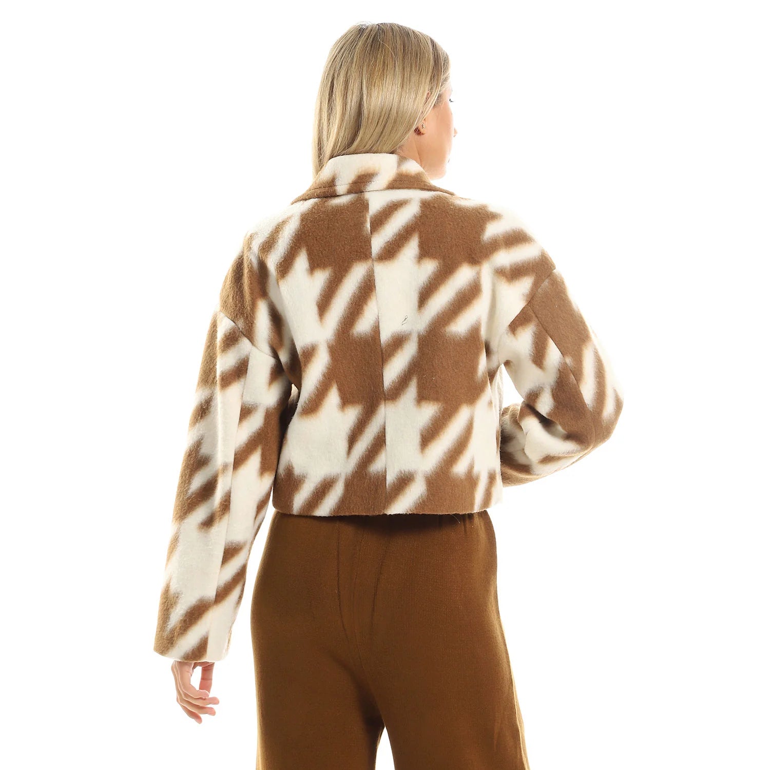 Printed Cropped Wool Jacket - Beige & Brown