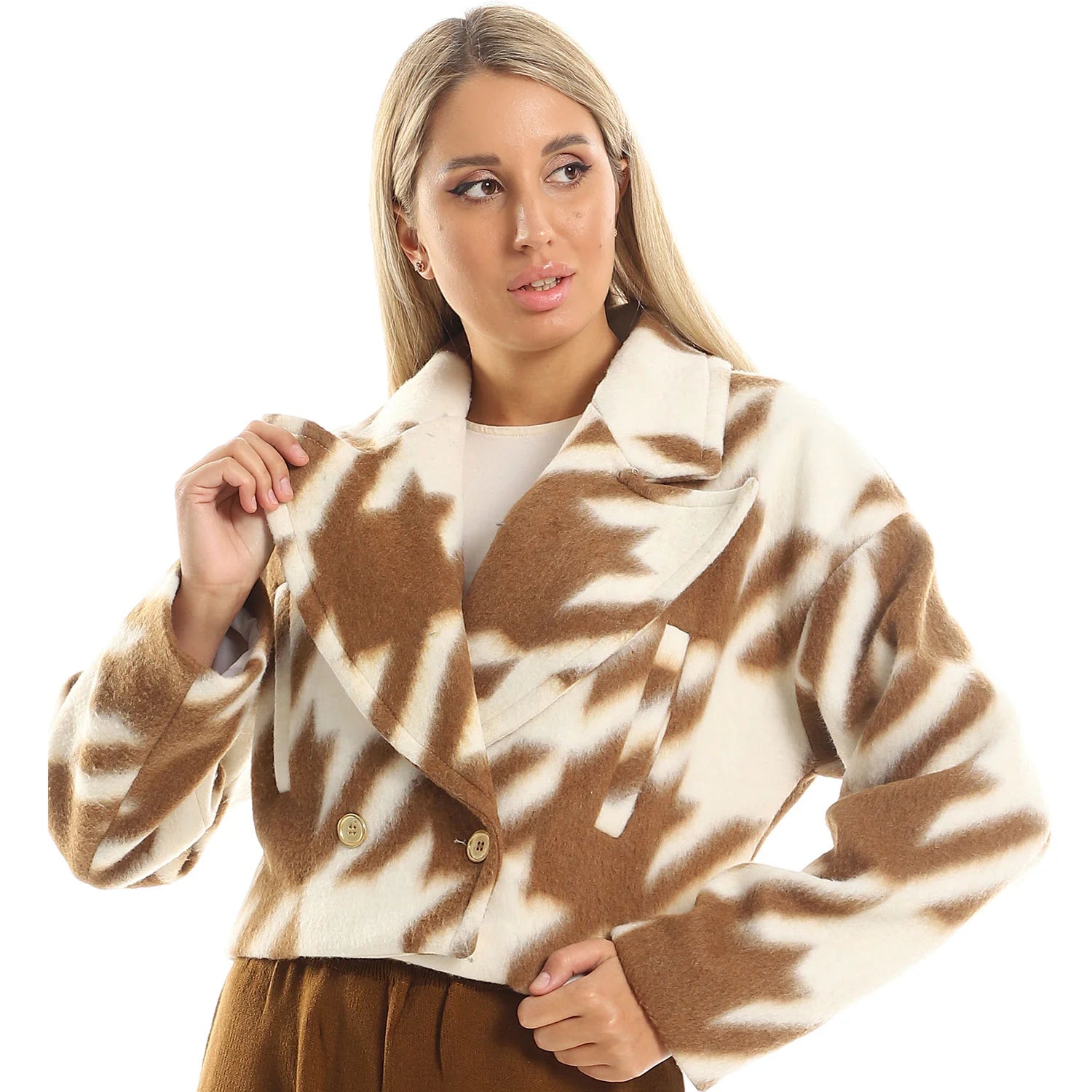 Printed Cropped Wool Jacket - Beige & Brown