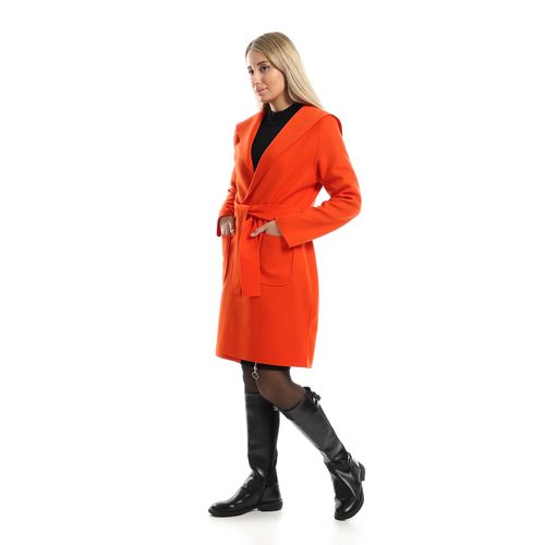 Hooded Belted Wool-Blend Coat - Orange