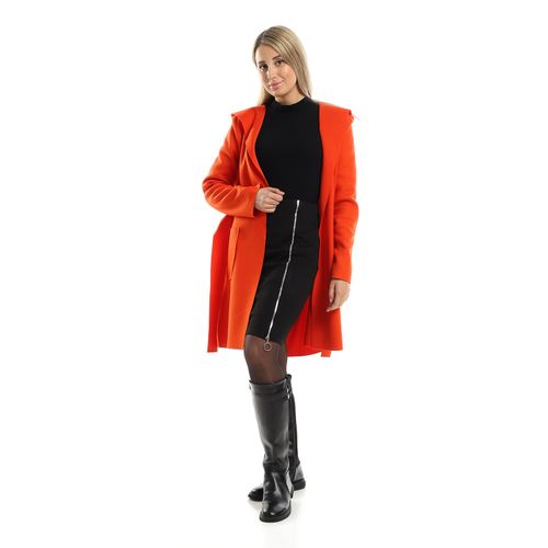 Hooded Belted Wool-Blend Coat - Orange