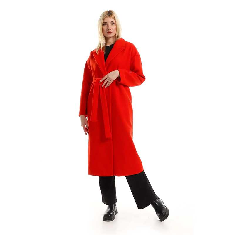 Wrap Belted Long Coat - Red