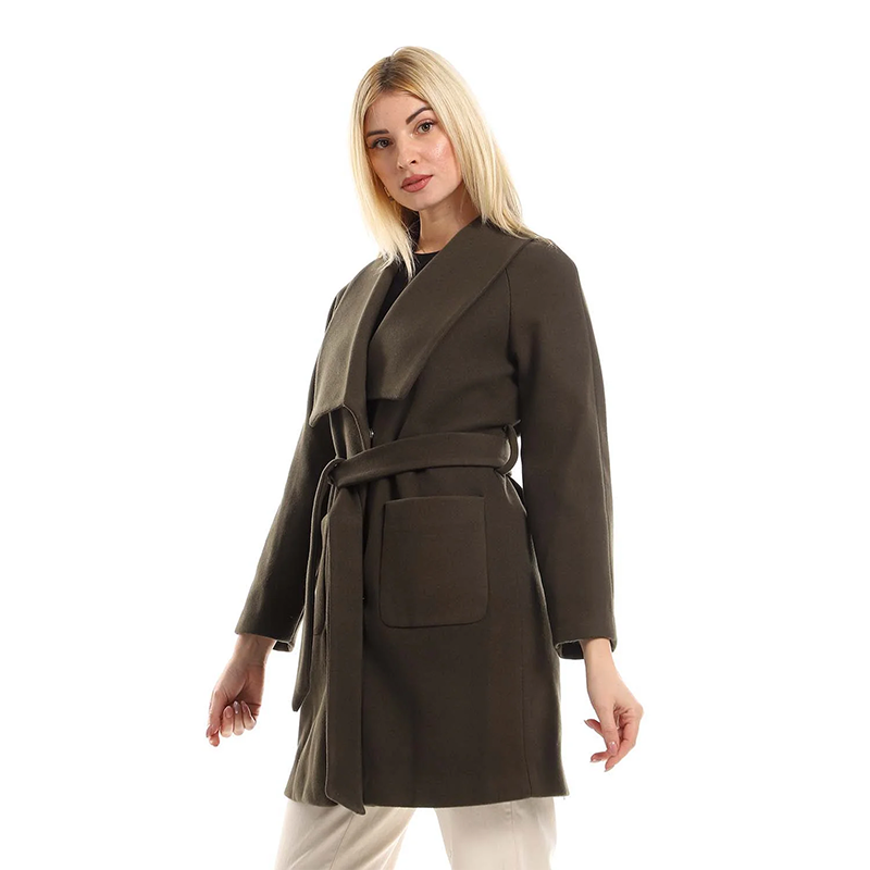 Mid-Length Wrap Belted Coat - Khaki