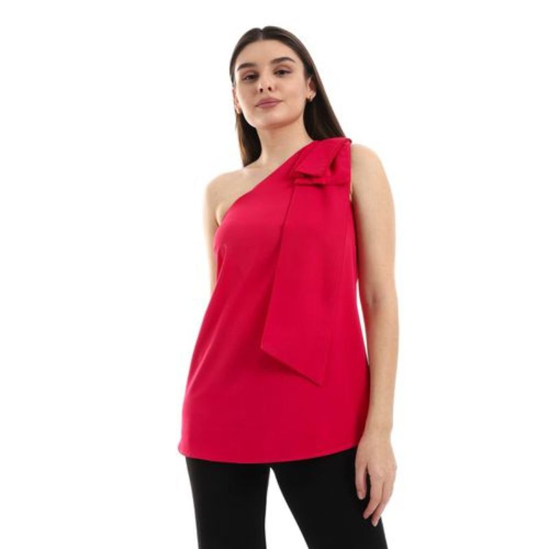One-Shoulder Top with Bow Detail - Red