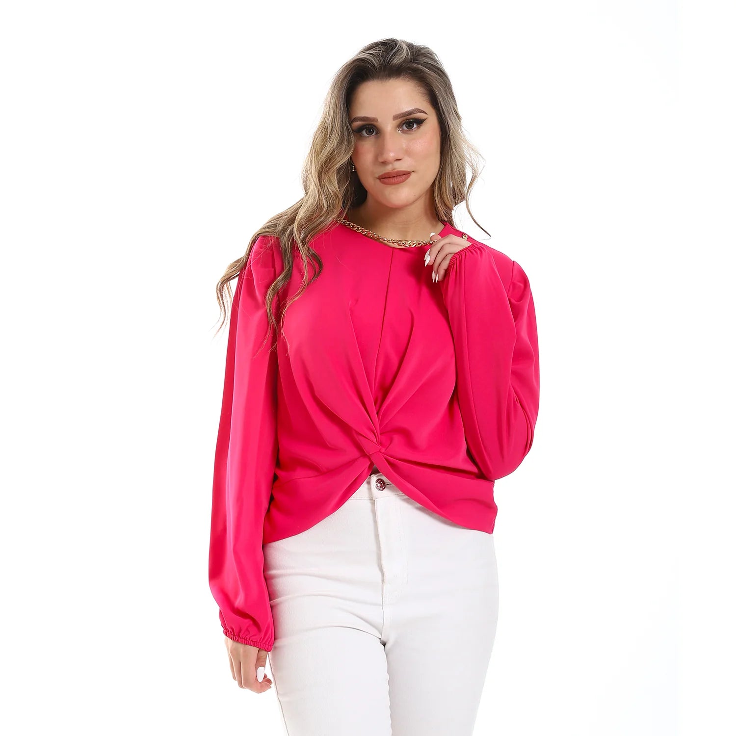 Rayon Twist Front Long-Sleeve Blouse - Fuchsia