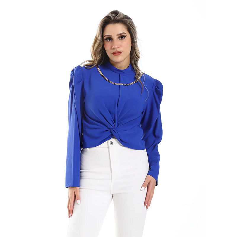 Rayon Twist Front Long-Sleeve Blouse - Blue