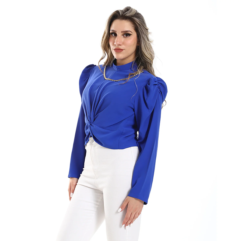 Rayon Twist Front Long-Sleeve Blouse - Blue