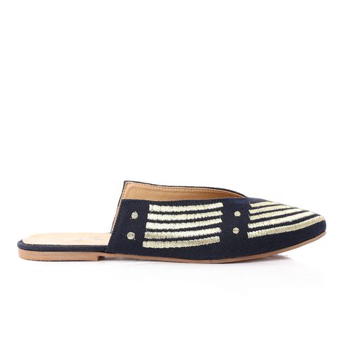 Striped Embroidered Slip-On Mules-Navy