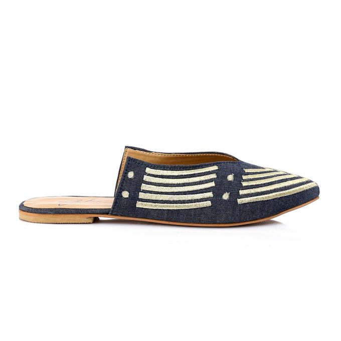 Striped Embroidered Slip-On Mules Blue & Gold