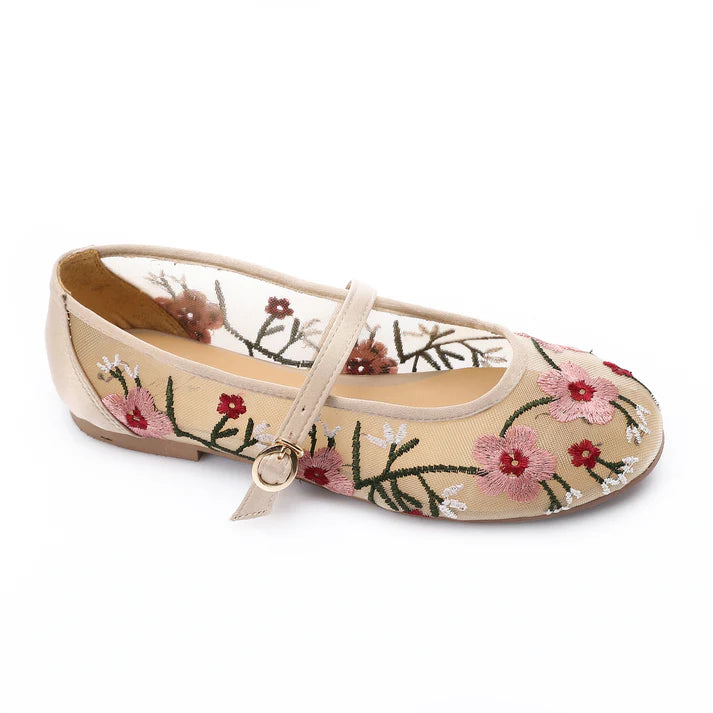 Floral Charm Mary Jane Flats Beige