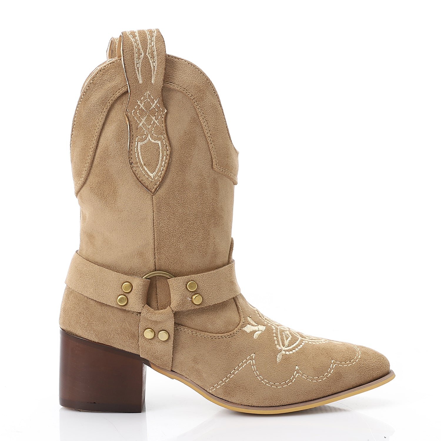 Western-Style Suede Half Boot - Beige