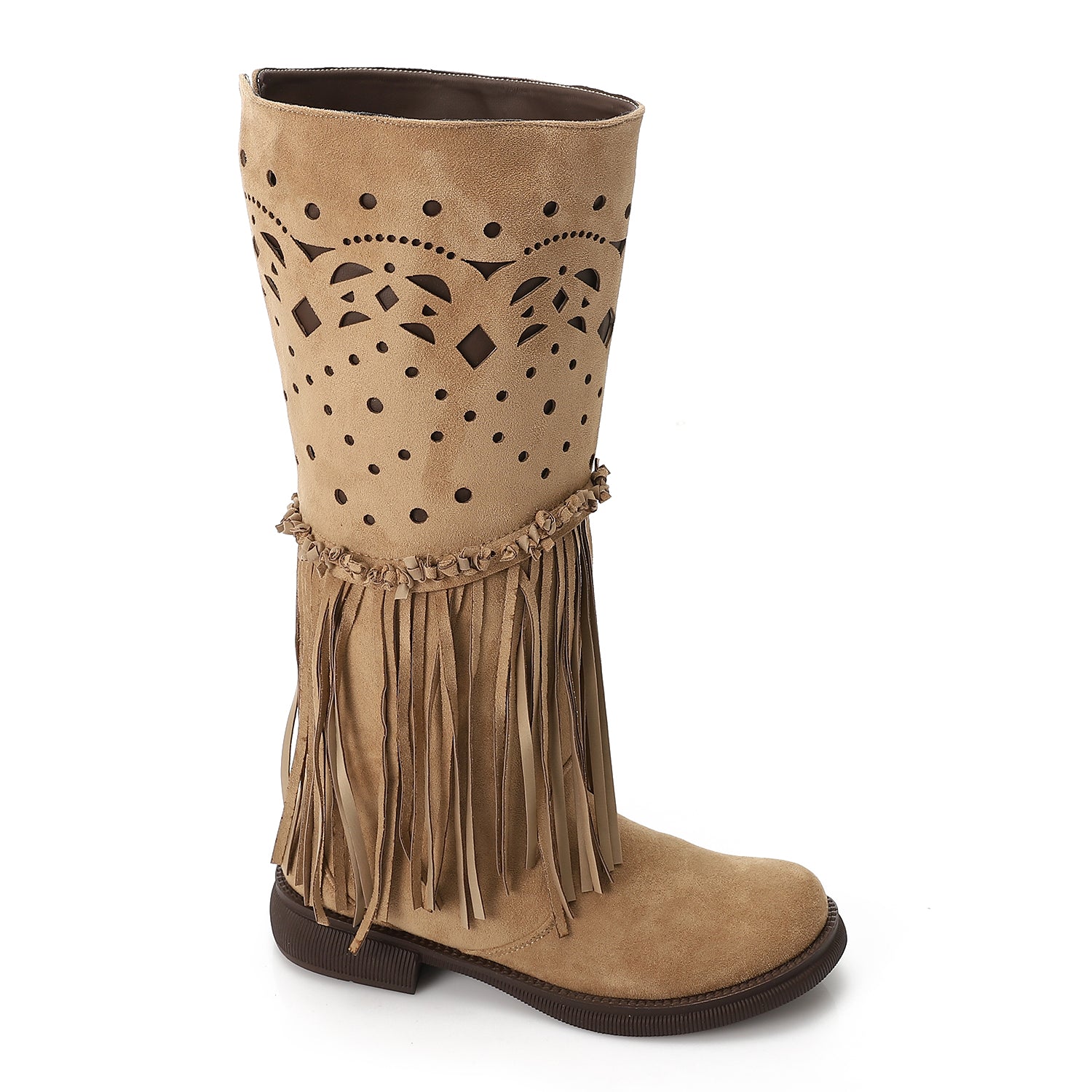 Western Fringe Mid-Calf Boots Beige