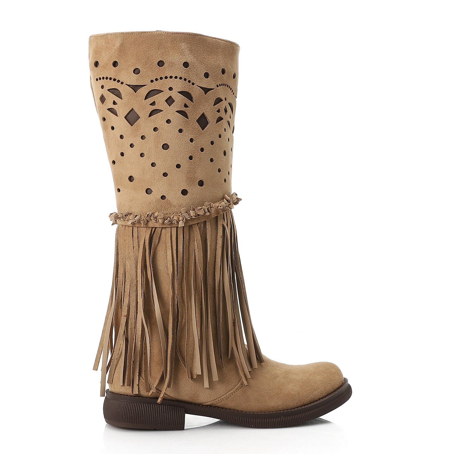 Western Fringe Mid-Calf Boots Beige