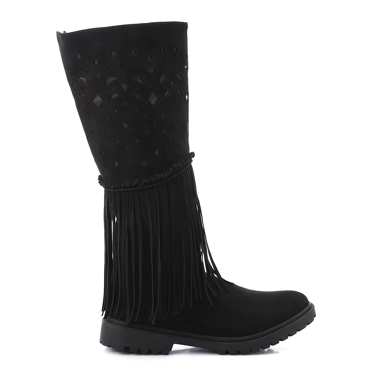 Western Fringe Mid-Calf Boots - Black