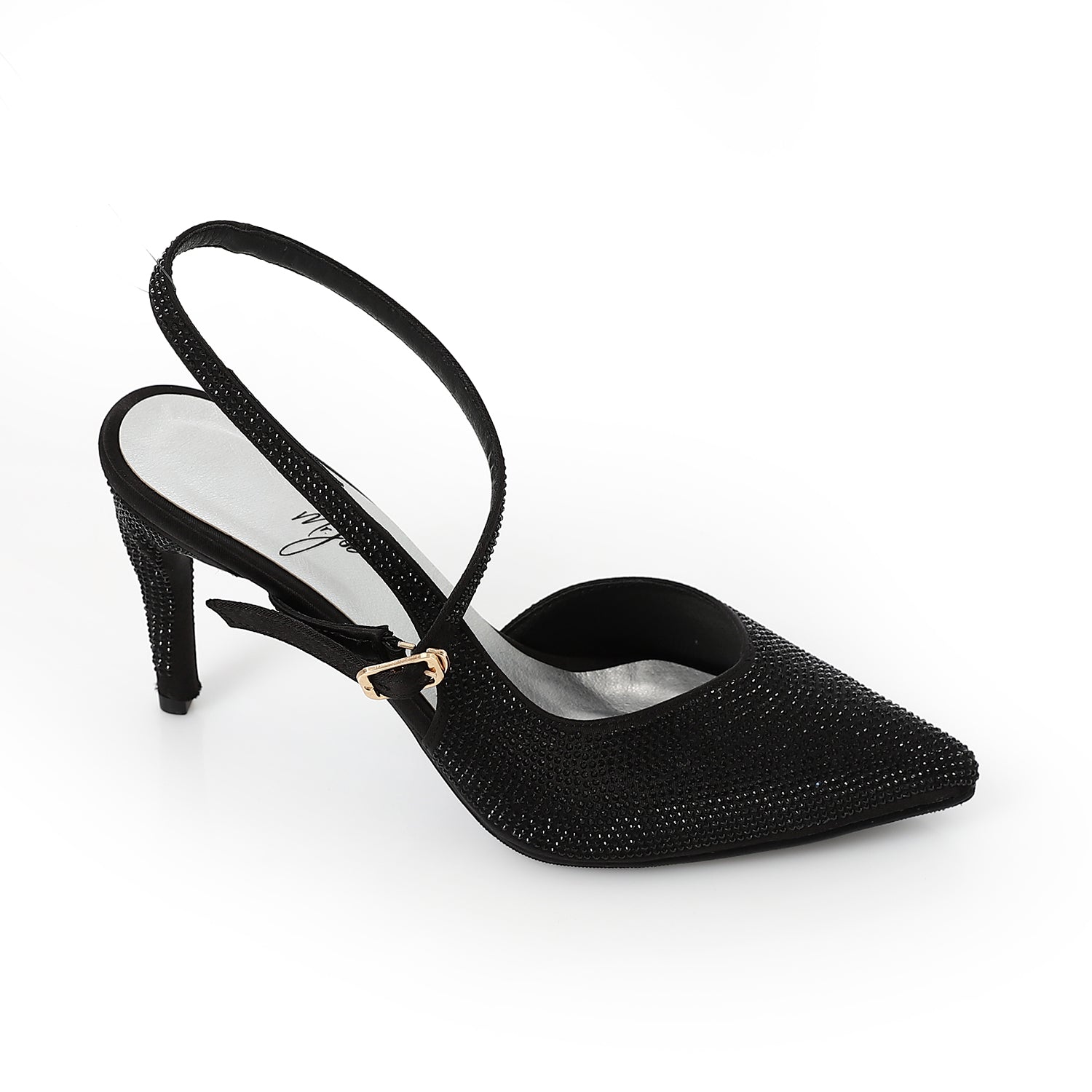Rhinestone Pointed Toe Slingback Heels Black