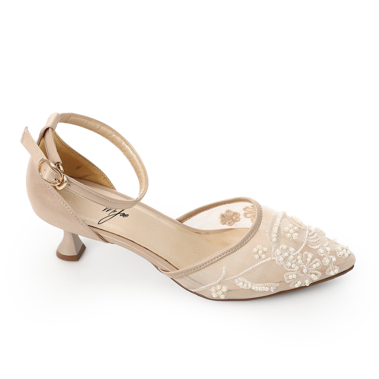 Elegant Champagne Lace Kitten Heels with Floral Pearl Embroidery
