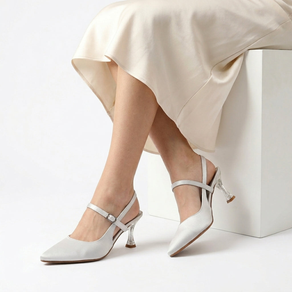 Glass Slipper White Satin Lucite Heels Silver