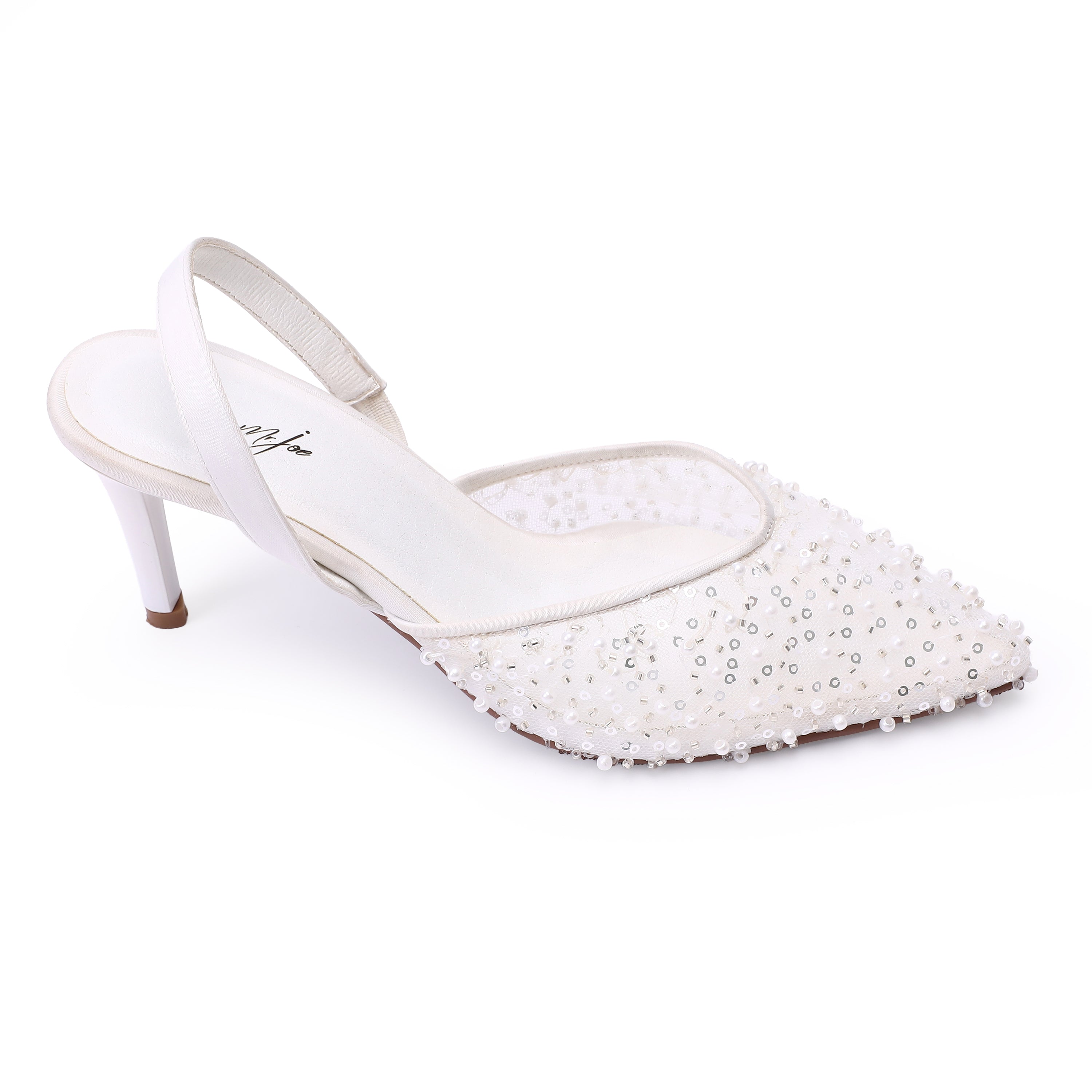 Pearl Embellished Slingback Pointed Toe Heels White