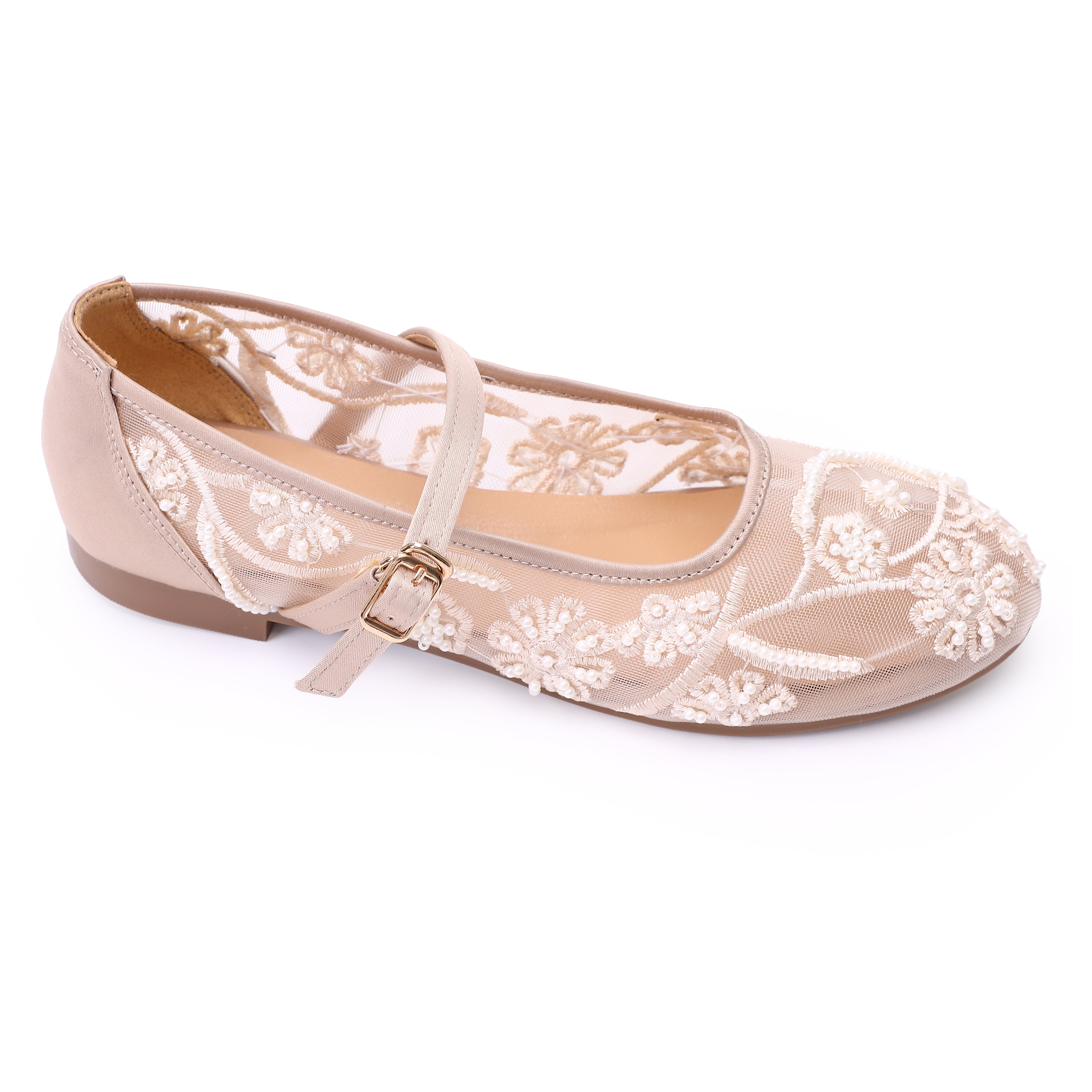 Embroidered Mesh Mary Jane Ballet Flats Beige