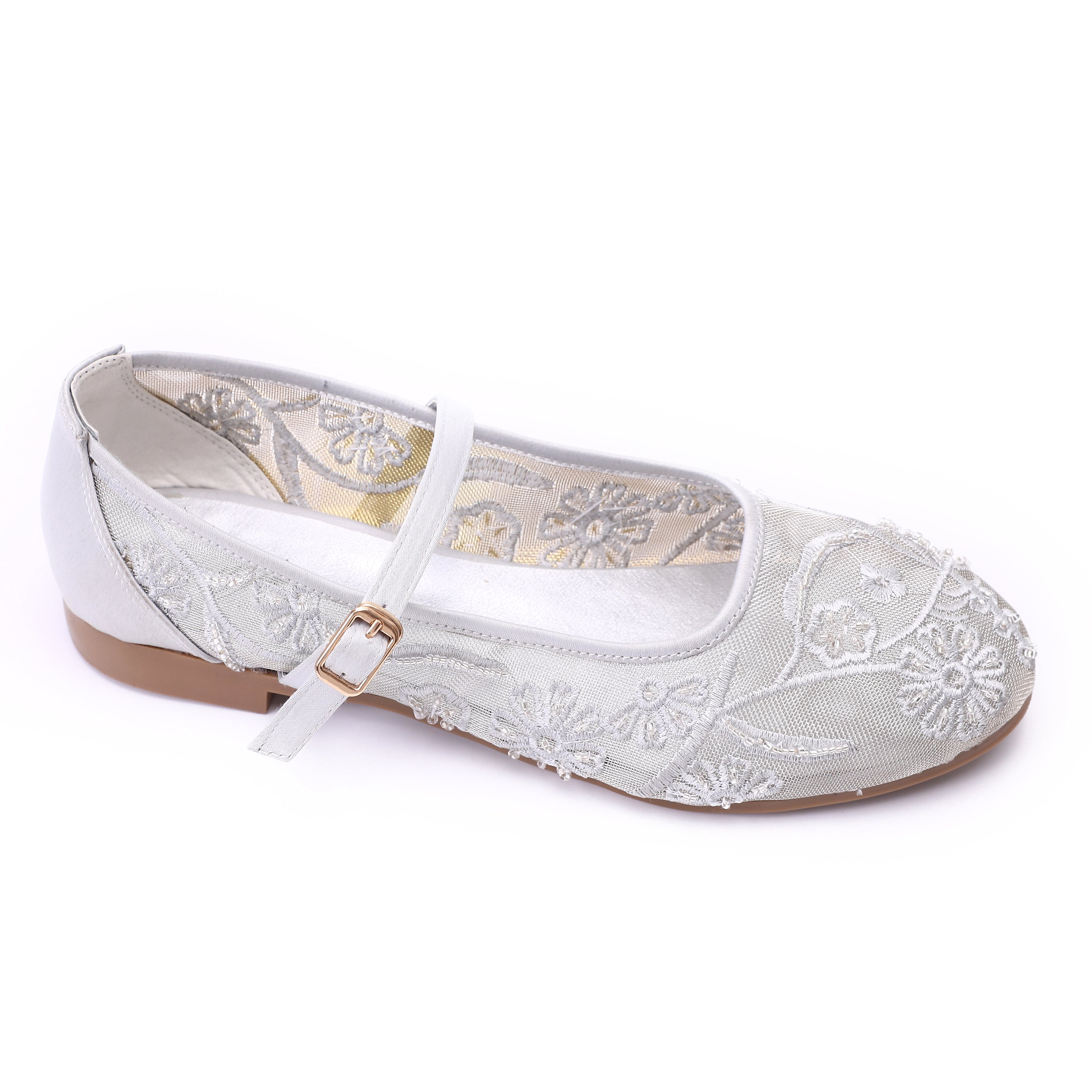 Embroidered Mesh Mary Jane Ballet Flats Silver