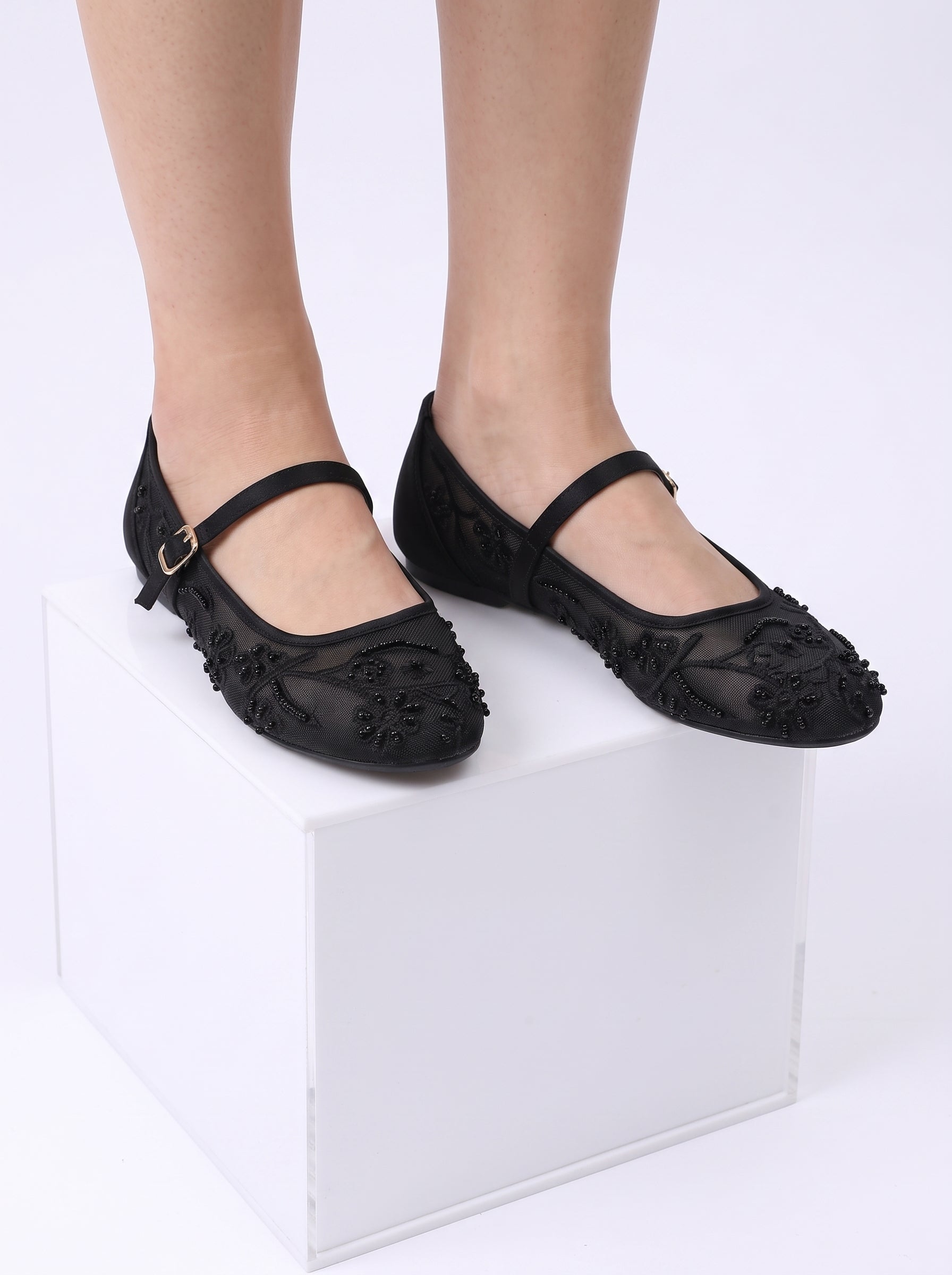 Embroidered Mesh Mary Jane Ballet Flats Black