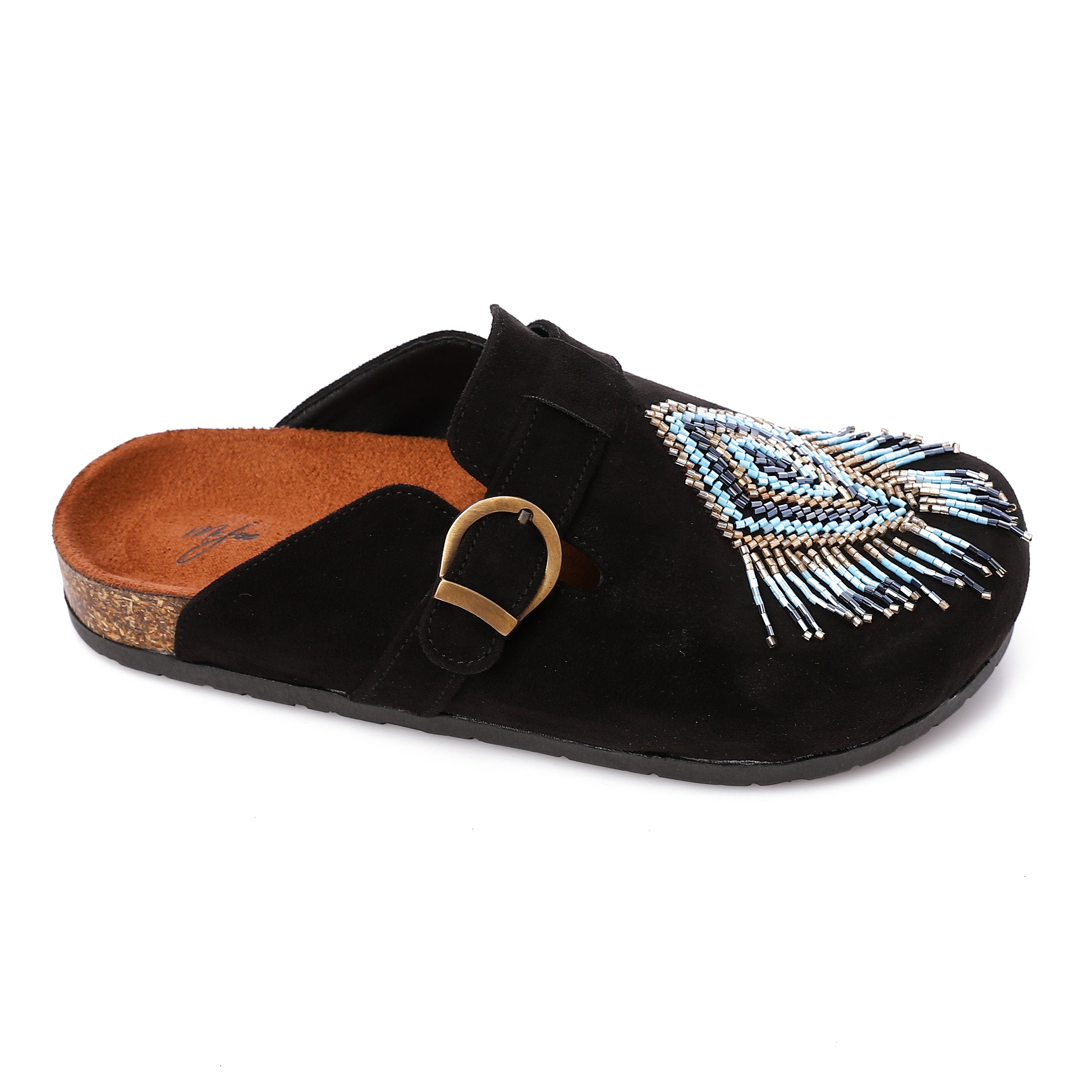 Boho Slip-On Beaded Cork Mules Black