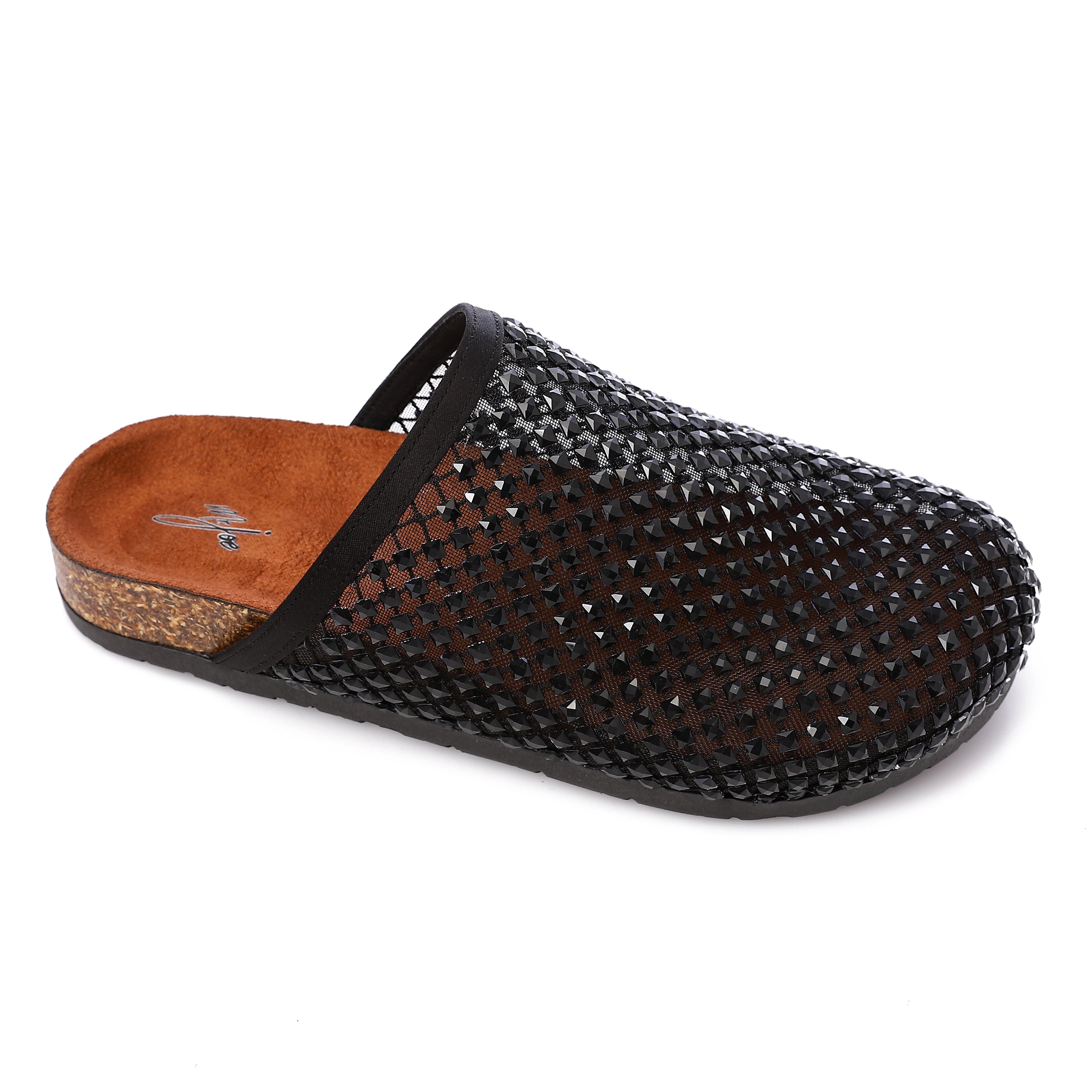 Studded Clogs Mesh Rhinestone Slip-On Cork Mules Black