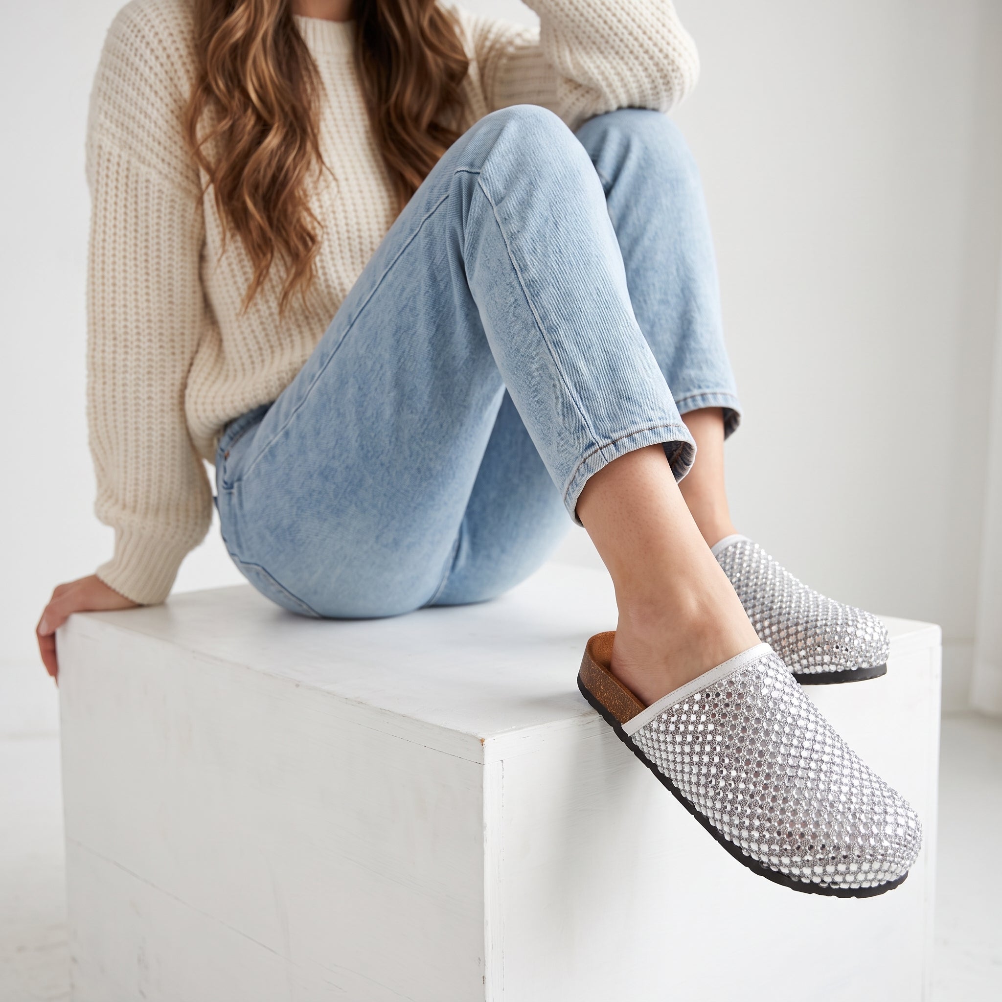 Studded Clogs Mesh Rhinestone Slip-On Cork Mules Silver