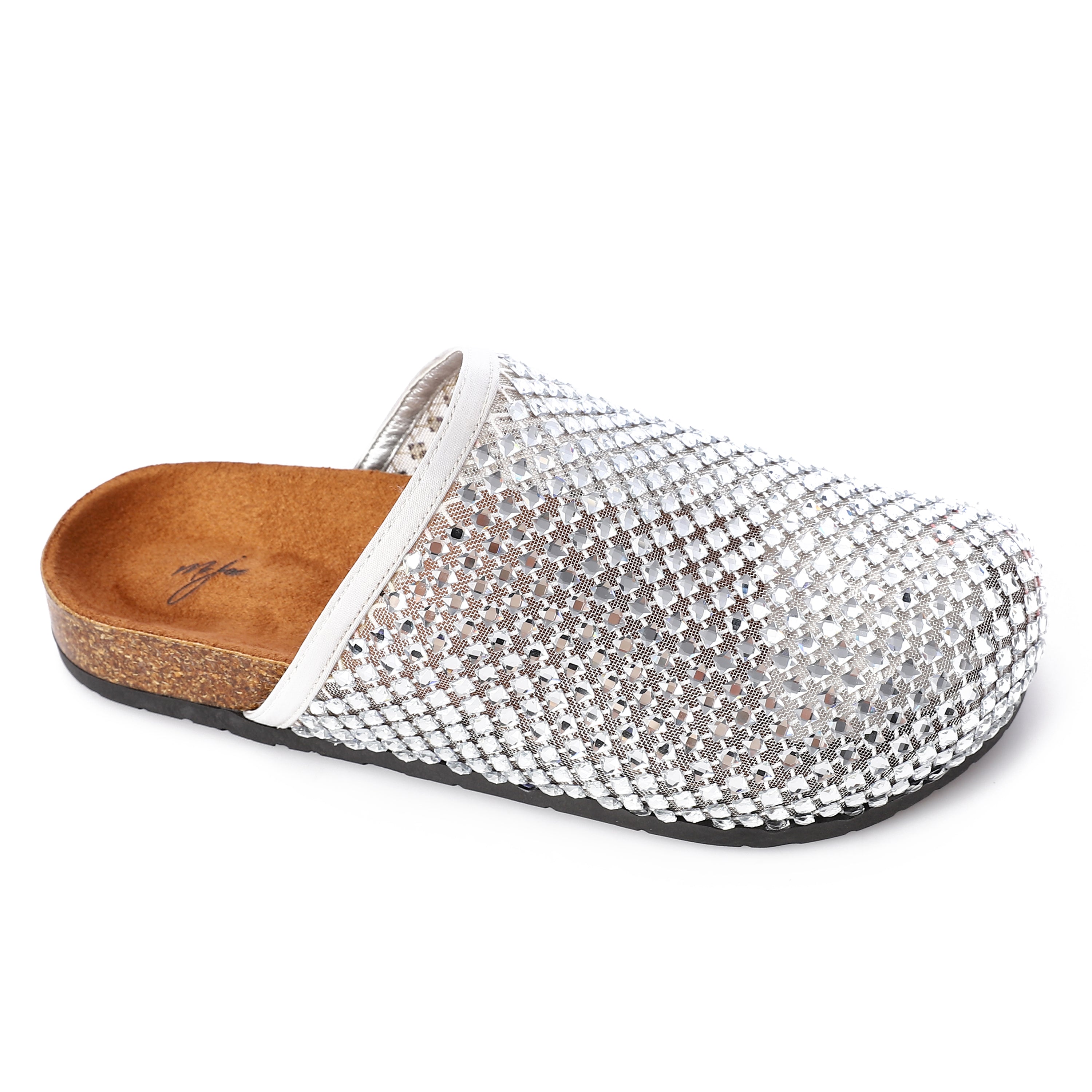 Studded Clogs Mesh Rhinestone Slip-On Cork Mules Silver