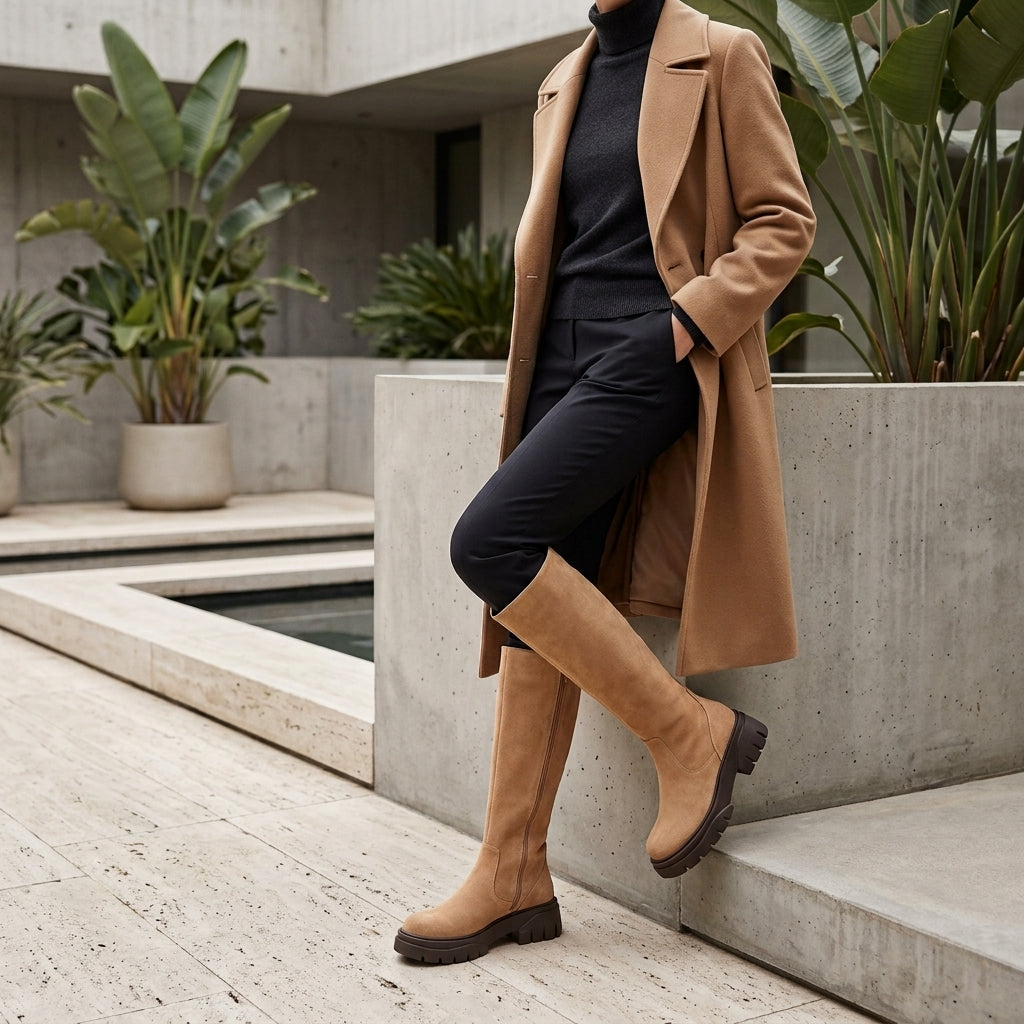 Expandable Wide Calf Suede Knee High Boots Cafe
