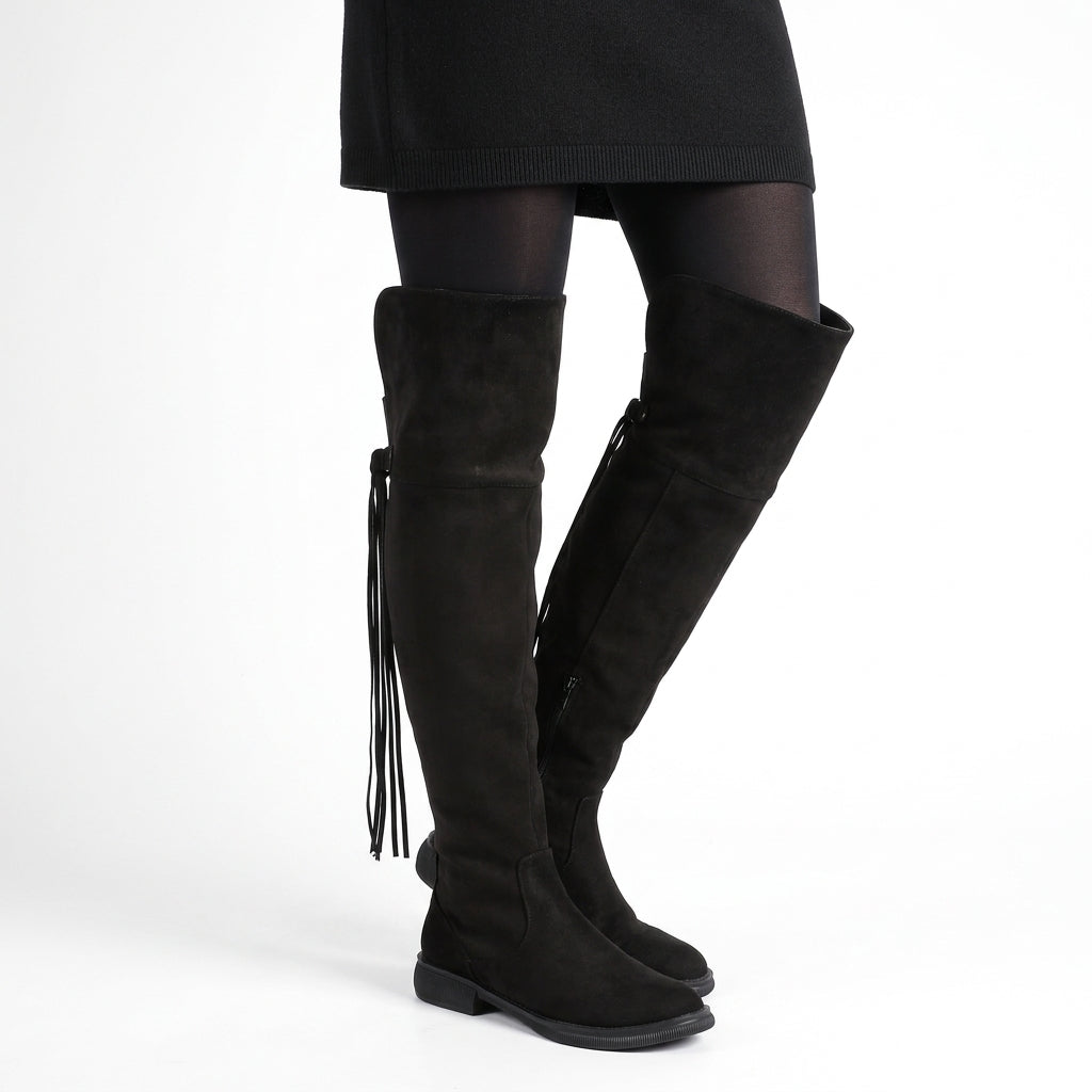 Over-the-Knee Lace-Up Boots β Half Zip Black Suede