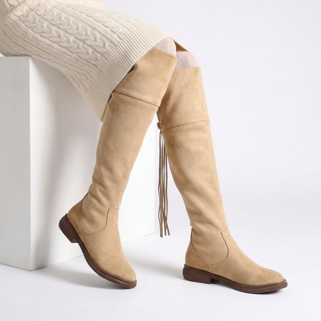 Over-the-Knee Lace-Up Boots β Half Zip Suede Beige