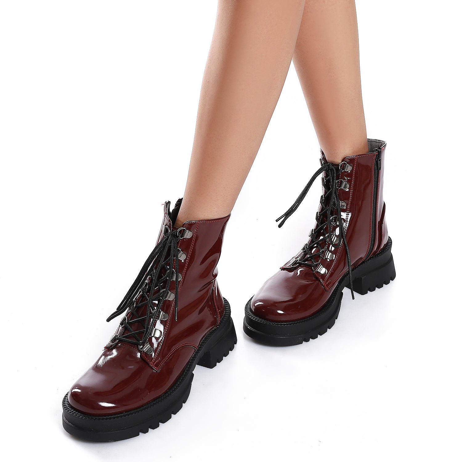 Patent Leather Lace-Up Boots ƒ?? Burgundy