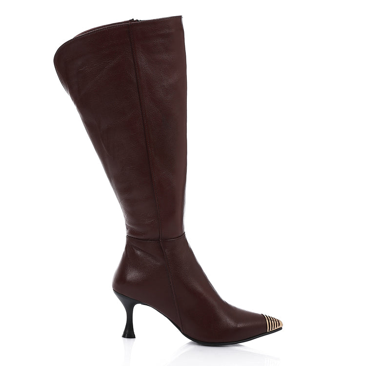 Gold-Tip Leather Knee-High Boots Dark Red